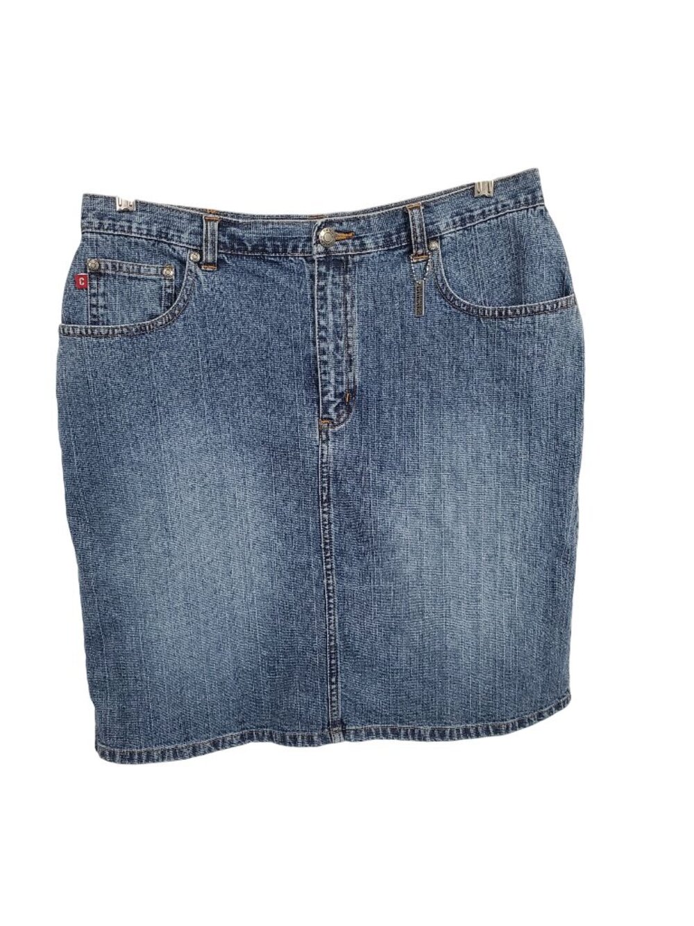 Chicos Denim 2 Size L Skirt Denim Blue Jean Mid Rise Stretch Crosshatch Casual